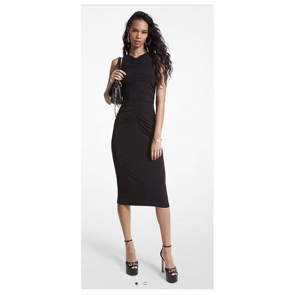 Stretch Matte Jersey Michael‎ Kors Ruche Dress Black Sz Medium - Picture 1 of 8